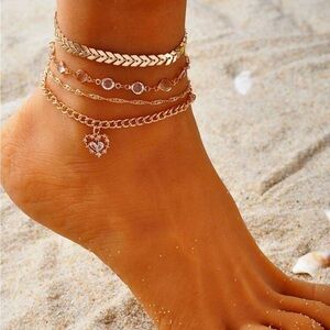 Gold 4pc Heart Shaped Rhinestone Anklet Set
